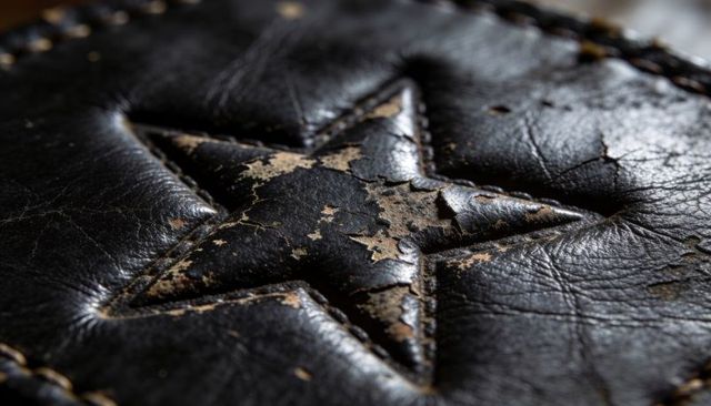Worn black leather embossed star close-up showing cracked patina and distressed finish