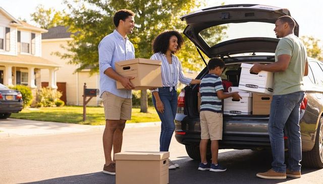 Family packing and loading moving boxes into suv on sunny suburban neighborhood curbside