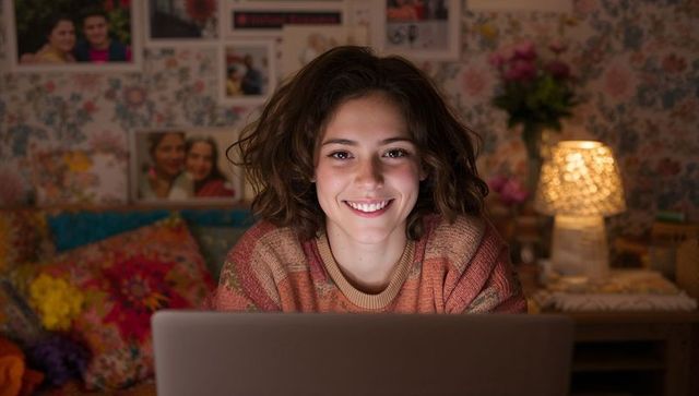 Smiling woman typing on laptop in cozy floral bedroom with warm lamp glow and cushions