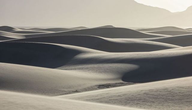 Serene monochrome sand dunes curving light and shadow across desert ridges at sunrise