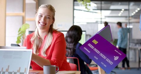 Businesswoman Using Smartphone With Spinning Credit Cards Graphic