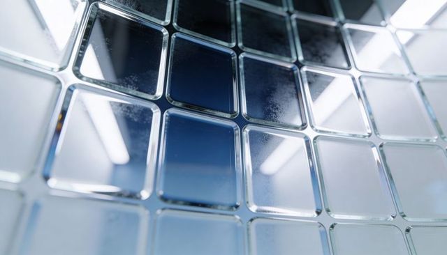 Curved Reflective Glass Tile Mosaic with Metallic Seams and Overhead Light Reflections