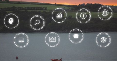 Digital Interface Icons on Tranquil Waterfront