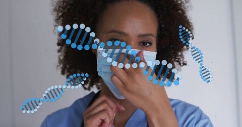 Nurse adjusting face mask while wearing scrubs with dna helix overlay for genetics