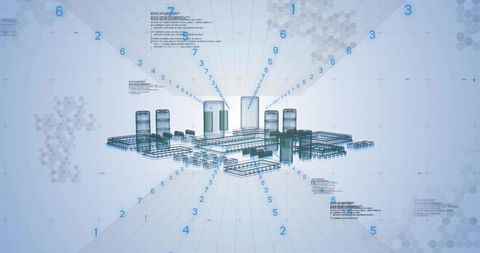 Displaying isometric holographic industrial facility wireframe with silos and numeric data