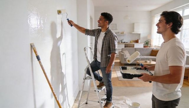 Young Men Painting Living Room Wall During Home Renovation Project Team Collaboration