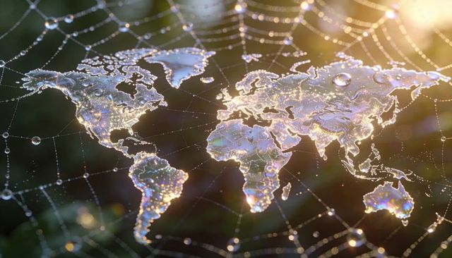 Shimmering dew world map woven on spider web reflecting sunlight and rainbow iridescence