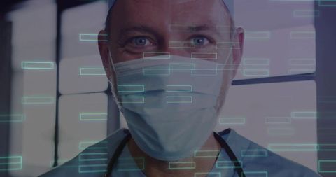 Male surgeon in teal scrubs wearing surgical mask and stethoscope with AR medical HUD
