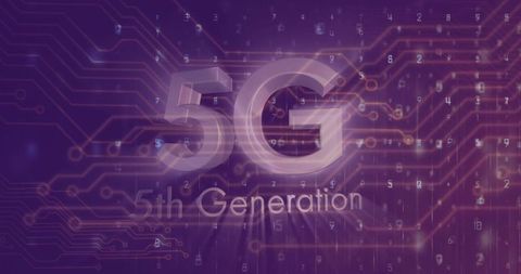 Glowing 3d 5g hologram on purple circuit board with golden traces and floating digits