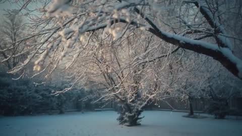 Tranquil Snowy Branches Swaying in Winter Garden