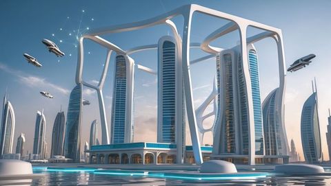Futuristic Skyscrapers and Aerial Vehicles in Modern Metropolis