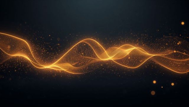 Golden digital wave ribbon flowing across dark backdrop with glowing particles and neon