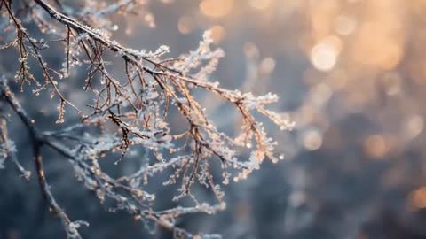 Frosted Branch Swaying with Warm Sunrise Bokeh Close-Up Winter Macro Footage