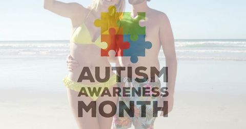 Couple on beach with colorful puzzle overlay for autism awareness month campaign