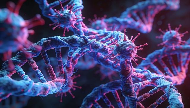 Viral particles interacting with dna helix in neon microscopic 3d render for science