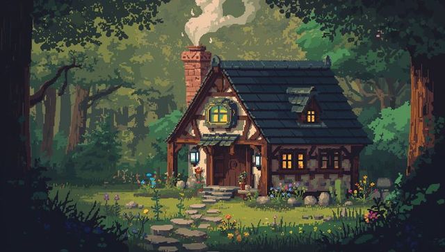 Cozy pixel art cottage nestled in forest glade with warm lantern glow and stone path