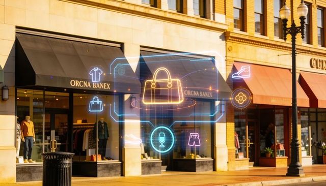 Holographic ar storefront display showing glowing handbag icon over urban boutique window