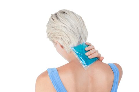 Blonde Woman Applying Gel Pack on Neck for Pain Relief