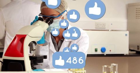 Scientist performing microscope analysis with social media elements