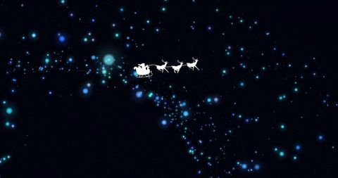 Santa sleigh gliding across starry sky trailing blue glowing orbs