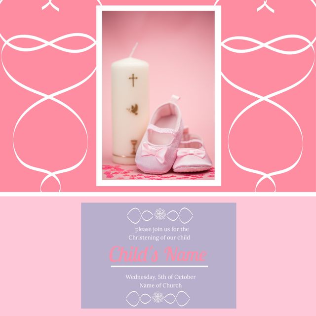 Pink Christening Invitation Template with Shoes and Candle - Download Free Stock Templates Pikwizard.com