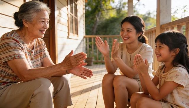 Multigenerational family clapping on sunlit wooden porch, celebrating warm family bonding