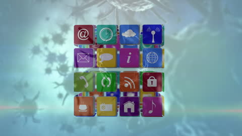 Digital Icons and Floating COVID-19 Cells in Surreal Composition