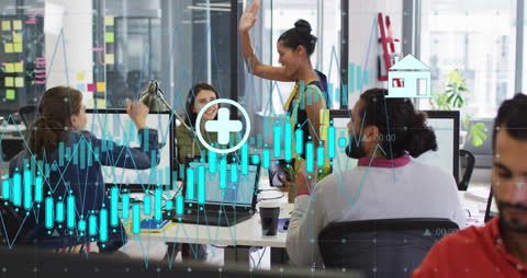 Diverse Team Collaborating with Holographic Financial Data