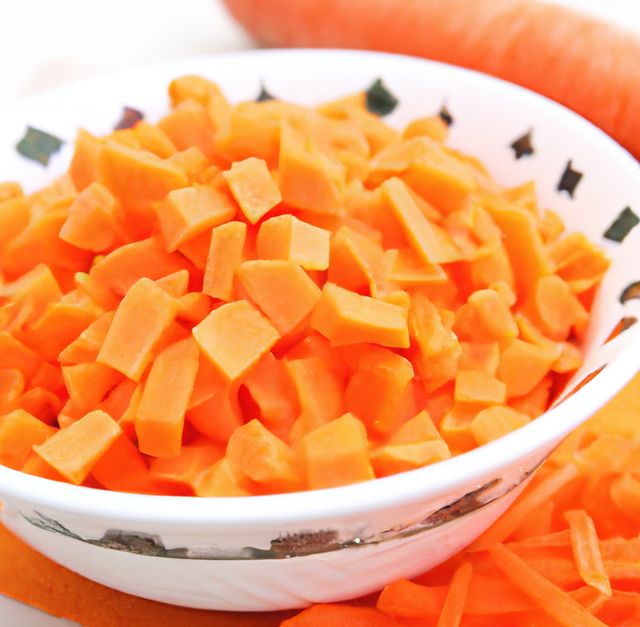 Close up of multiple chopped carrot pieces in bowl. Food preparation, health and raw ingredients.