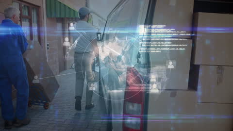 Courier Delivering Packages with Digital Data Overlay Concept