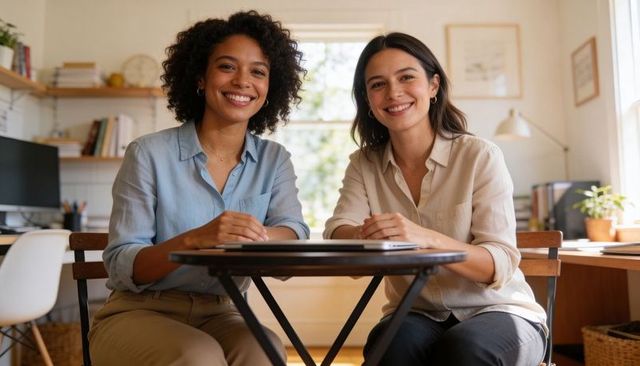 Two women smiling in bright home office collaborating at cozy round table over closed laptop
