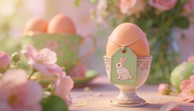 Brown egg sitting in porcelain egg cup with green rabbit tag, pastel spring still life