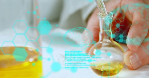 Scientist in lab with futuristic interface and chemical experiment