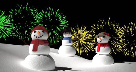 Snowmen Celebrating Beneath Vibrant Fireworks Display