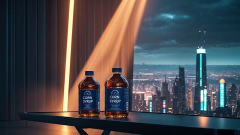 Sophisticated display of corn syrup bottles against urban skyline