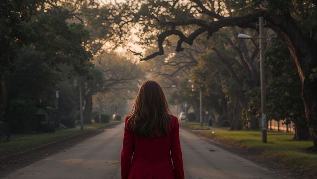 Solitary woman in red coat walking down tree-lined suburban street at golden hour
