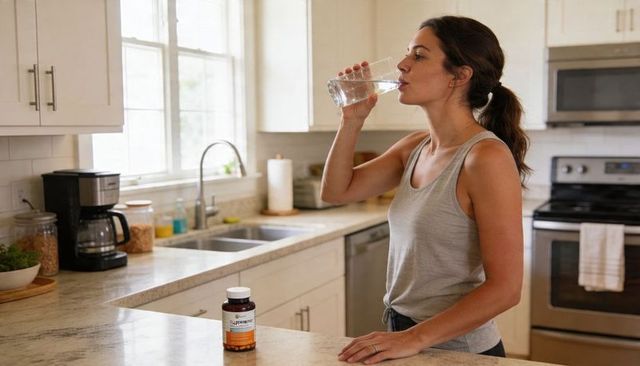 Woman drinking water after taking vitamins in modern sunlit kitchen for healthy routine