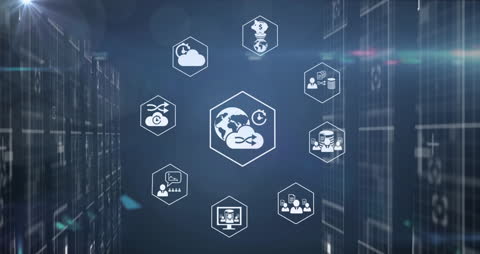Digital Networking Icons Over Abstract Data Processing Graphics
