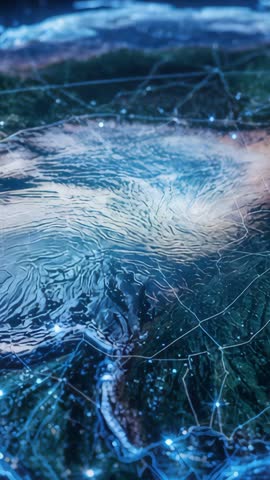 Initializing Data Nodes Lighting Terrain Mesh in Futuristic Digital Network Vertical Loop