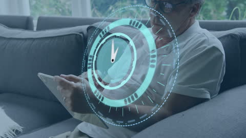 Senior Man Embracing Technology with Digital Clock Overlay