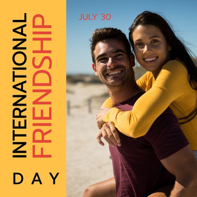 This visual highlights two friends enjoying time together at the beach, perfect for use in social media campaigns for International Friendship Day on July 30. Ideal for promotions, online shares, and inspirational content showcasing friendship and summer fun.