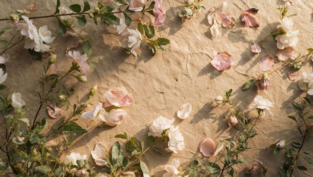 Pale pink and white rose petals scattered on crumpled kraft paper flatlay