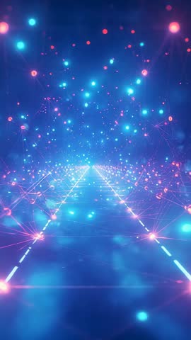 Vertical Neon Data Corridor Moving Tunnel with Network Nodes and Drifting Cyber Particles