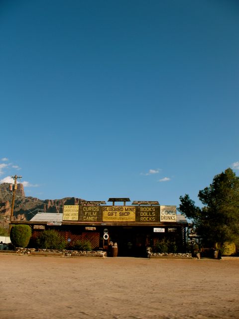 Rustic roadside gift shop specializing in candy, curios, books, and cold drinks surrounded by desert landscape with blue sky and distant mountains. Useful for stories on travel, tourism, American road trips, and quirky locations.