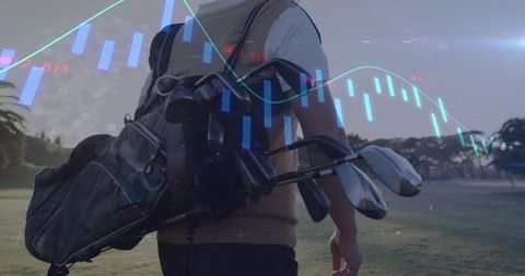 Mature Chinese Man Carrying Golf Clubs with Chart Overlay