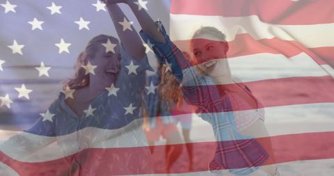 Joyful Friends Celebrating with USA Flag at Beach