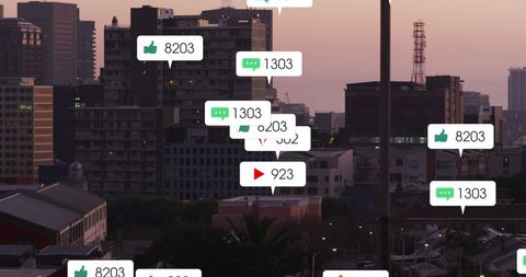 Social Media Notifications Over Urban Cityscape at Sunset - Download Free Stock Images Pikwizard.com