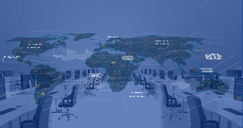 Digital World Map Overlaying Modern Office Workspace - Download Free Stock Images Pikwizard.com