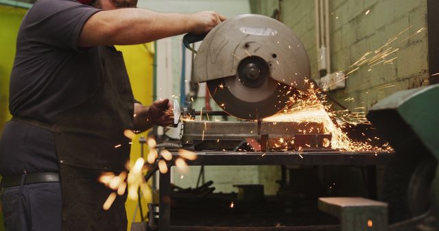 Worker Operating Industrial Metal Cutting Saw with Sparks - Download Free Stock Images Pikwizard.com