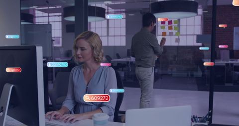 Businesswoman Engaging with Digital Marketing Analytics at Office